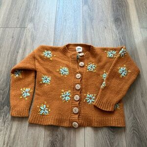 Tach Merino Wool Rust Orange Floral Embroidered Button Cardigan size small